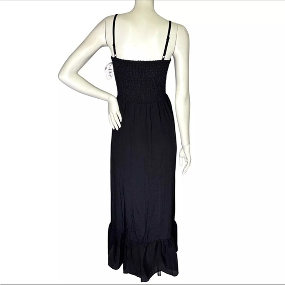 AUW SMOCKED BODICE BLACK FLARE HEM MAXI DRESS BOHO CHIC LARGE - Picture 5 of 15